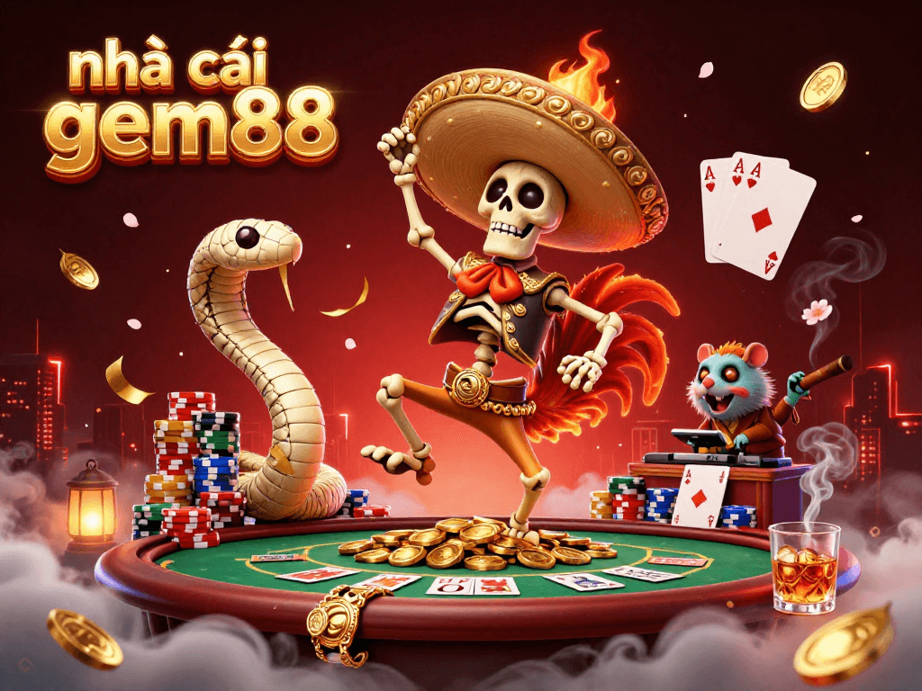 Engage with nhà cái gem88 in a festive casino world, featuring colorful poker elements and characters.