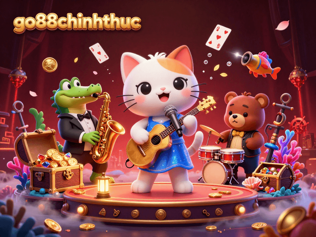 Engage with go88chinhthuc in a lively casino scene featuring jazzy characters and vibrant game elements.