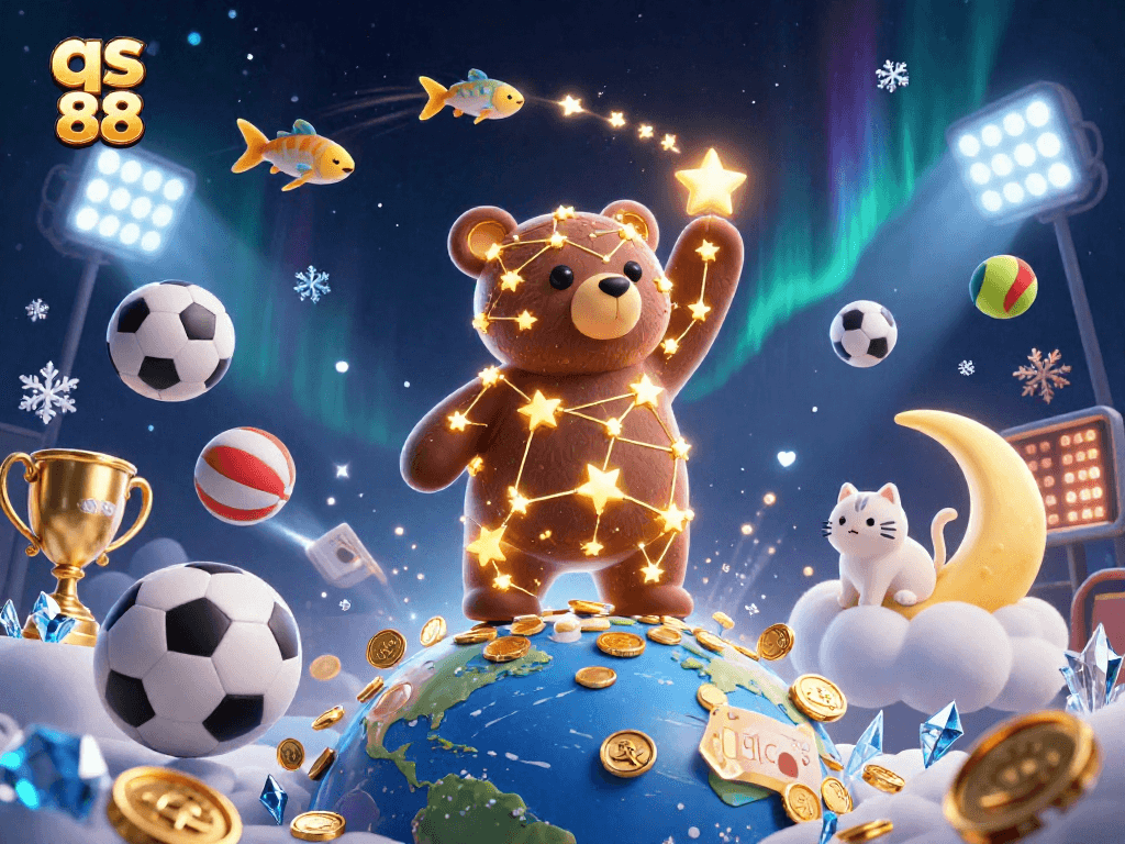Win big with qs 88: A vibrant casino-themed illustration featuring gold coins, sports elements, and creative characters.