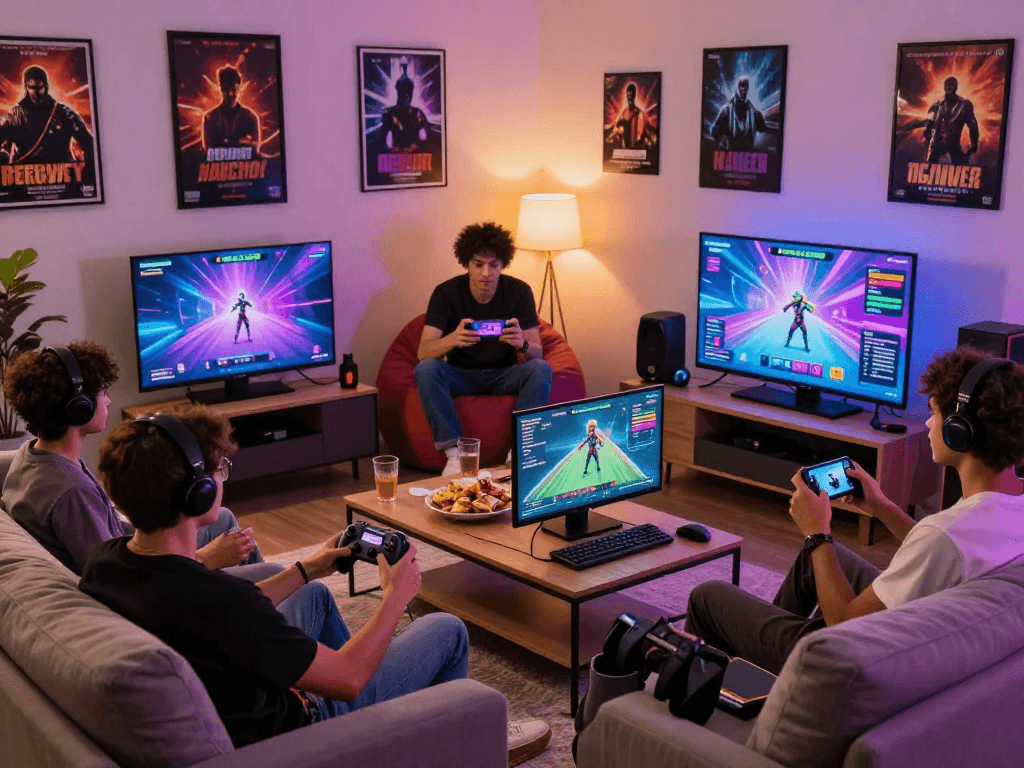 Engaged players enjoying online porn games in a modern living room
