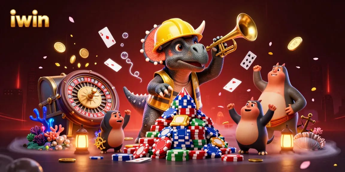 Join the excitement with iwin as a triceratops builds poker chip towers in a vibrant casino scene.