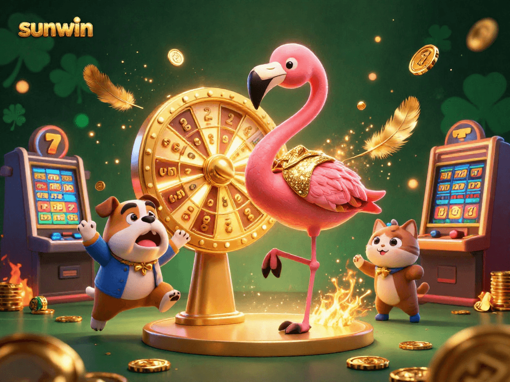 Spin to win at Sunwin casino with a flamboyant flamingo host and bulldog contestant.