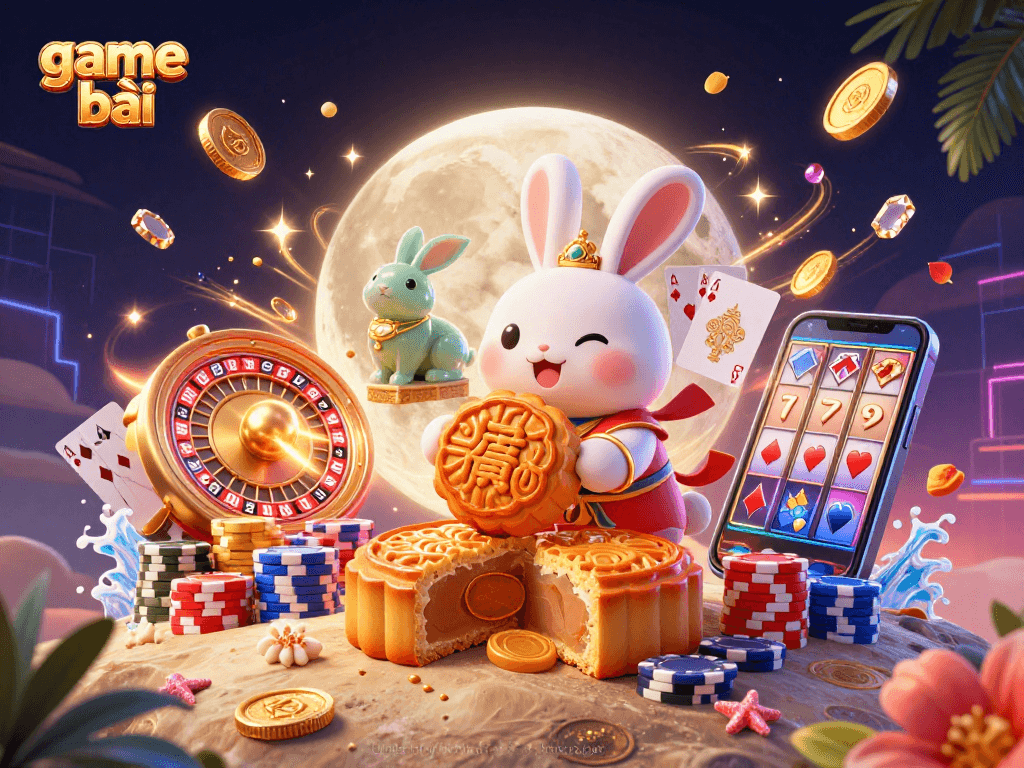 Experience the excitement of game bài with an enchanting scene of a moon rabbit and poker elements.