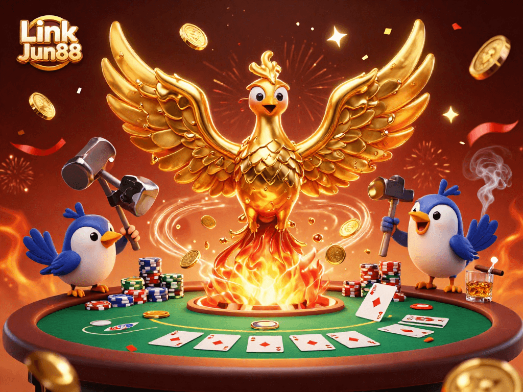 Play exciting games at Link Jun88 with a vibrant casino-themed illustration highlighting bonuses and fun.