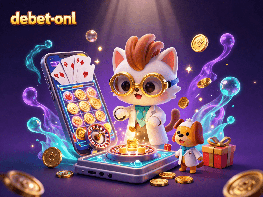 Experience the excitement of debet-onl with a mad scientist cat and loyal dog creating casino magic.