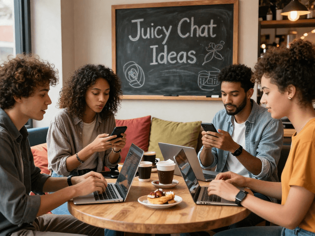 Engaging "juicy chat" scene with friends sharing ideas in a cozy coffee shop.