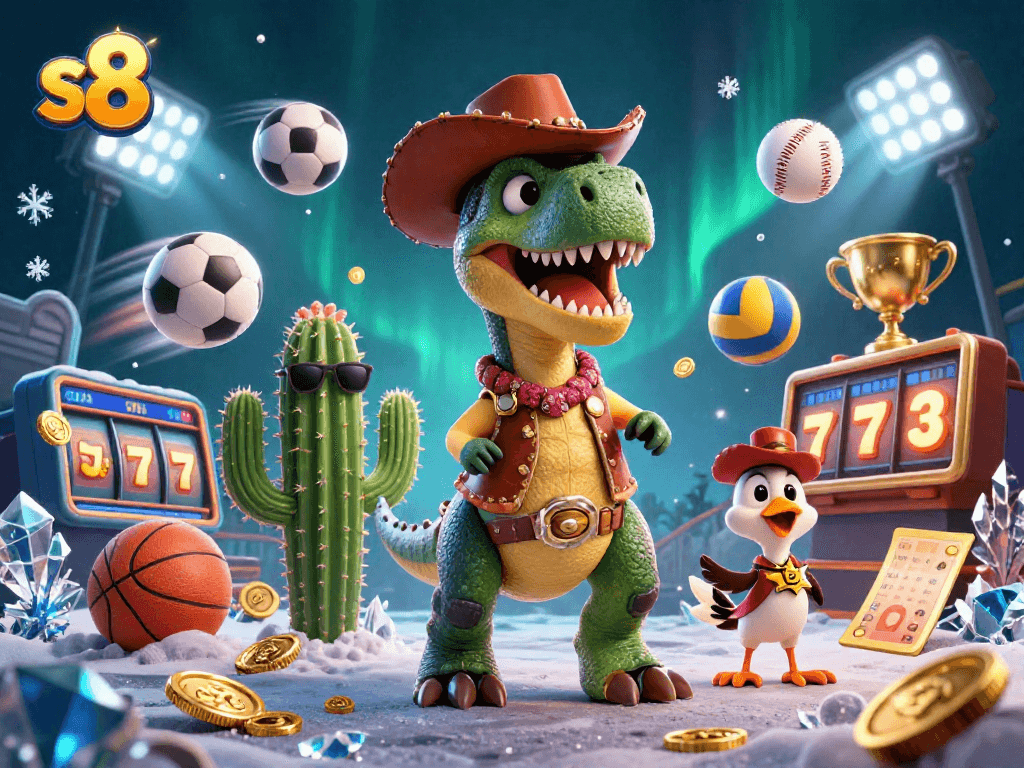 Experience the thrill of gambling with s8 as the cowboy dinosaur and friends celebrate amidst a vibrant casino scene.