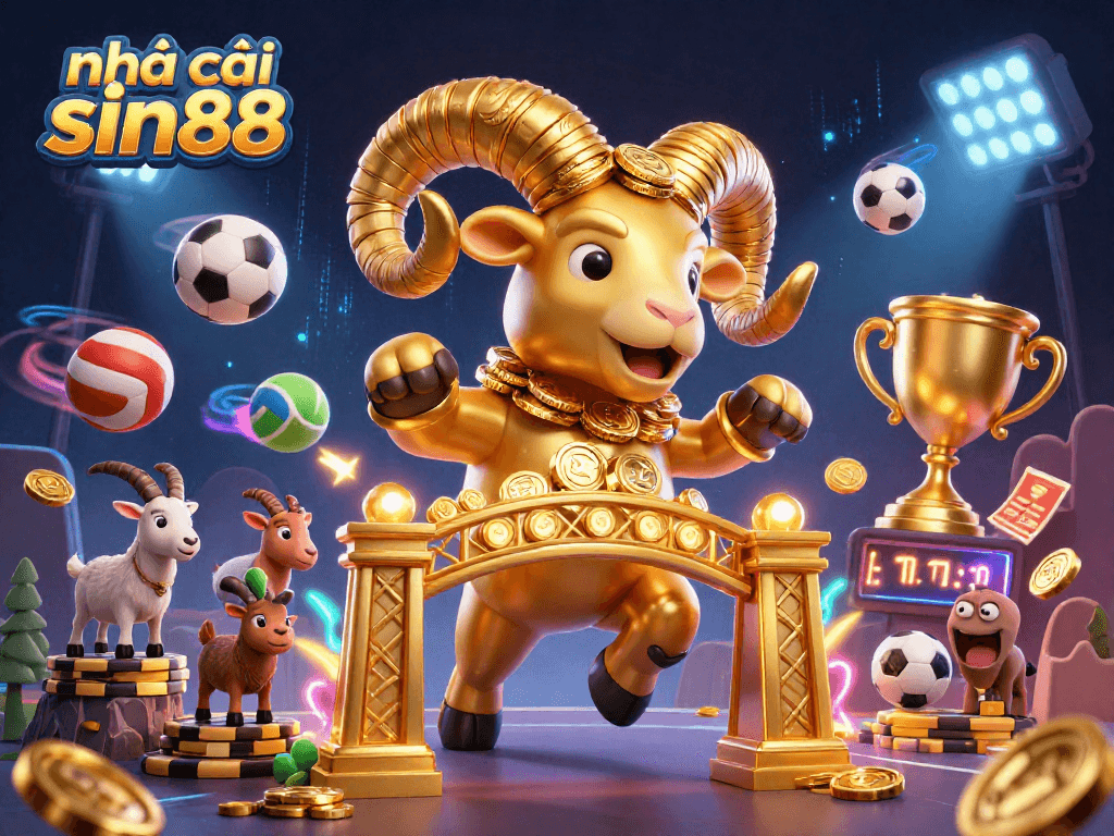 Bet big with nhà cái sin88 featuring a golden ram, sports elements, and dynamic action in a casino-themed scene.