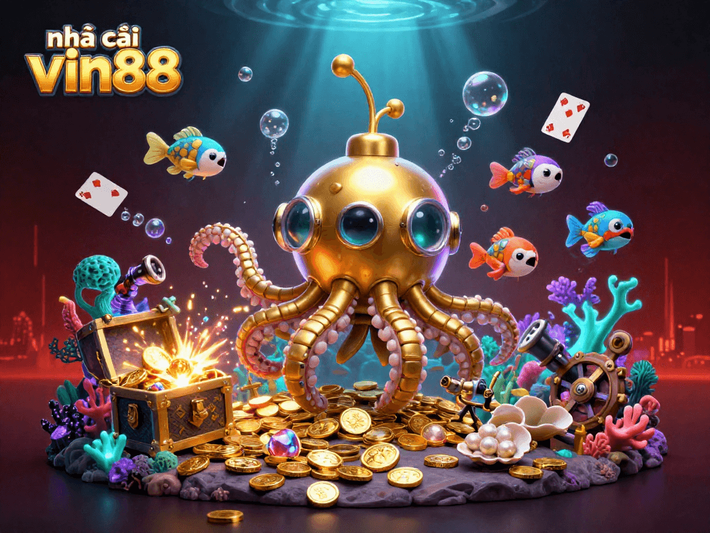 Engage with the thrilling vibe of nhà cái vin88, featuring a golden kraken submarine and mechanical fish in a dazzling sea of coins.