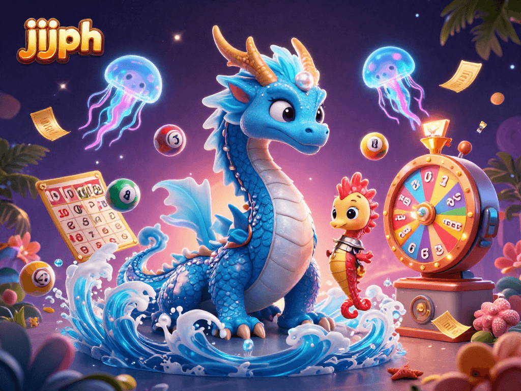 Magandang ilustrasyon ng jjjph na nagpapakita ng dragon at mga bola ng lottery sa ilalim ng dagat.