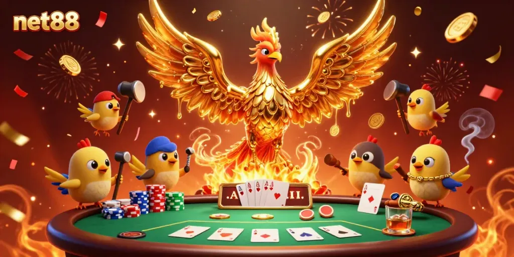Experience thrilling moments at net88 with a vibrant casino scene featuring a molten phoenix and poker elements.