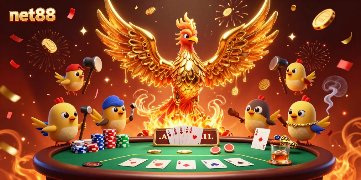 Experience thrilling moments at net88 with a vibrant casino scene featuring a molten phoenix and poker elements.