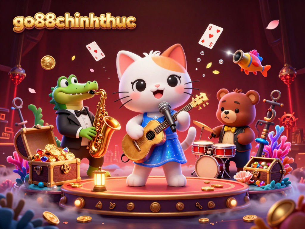 Engage with go88chinhthuc in a lively casino scene featuring jazzy characters and vibrant game elements.