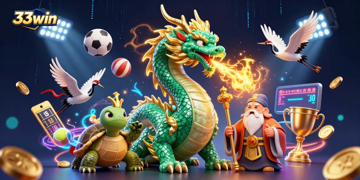 Engage with 33win through a vibrant 3D scene of luck and sports excitement.