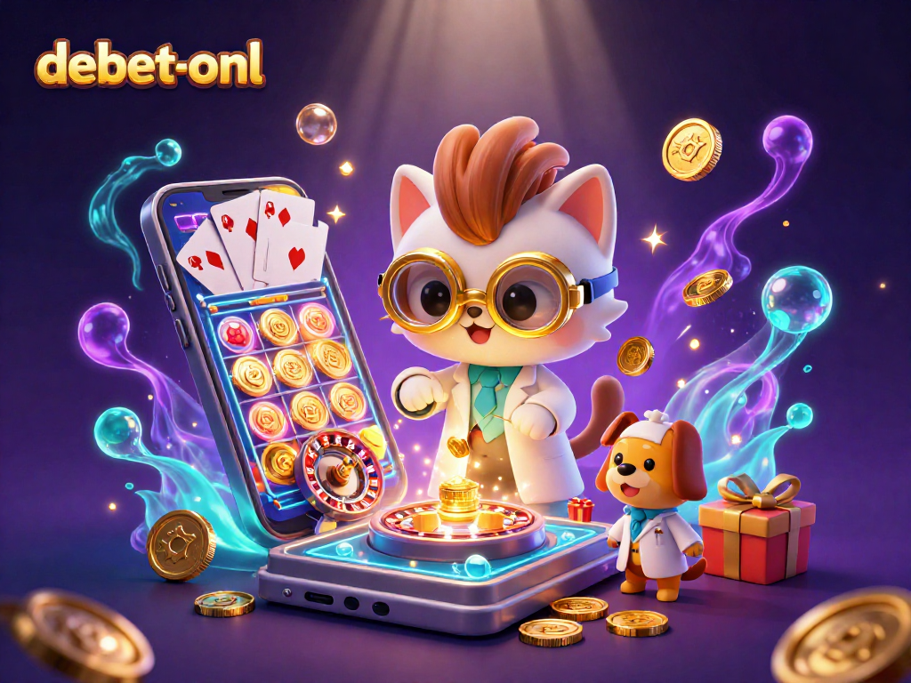 Experience the excitement of debet-onl with a mad scientist cat and loyal dog creating casino magic.