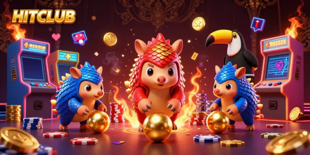 Engaging HITCLUB scene with dynamic pangolins, poker chips, and vibrant gaming elements.