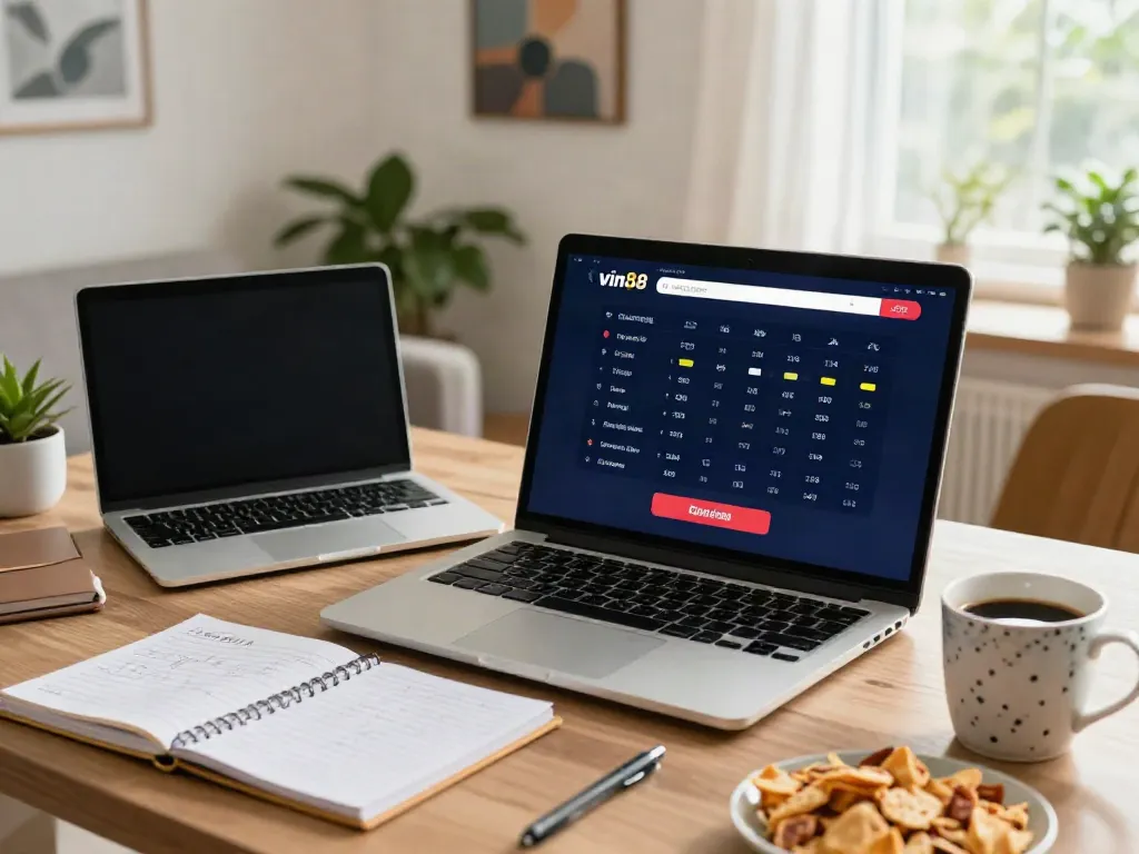 Engaging scene of a user interacting with vin88 nhà cái platform in a cozy home workspace.
