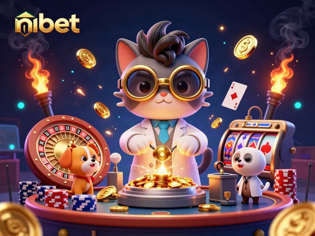 Experience the excitement of nbet casino through vibrant 3D cartoon illustration of a mad scientist cat and treasures.