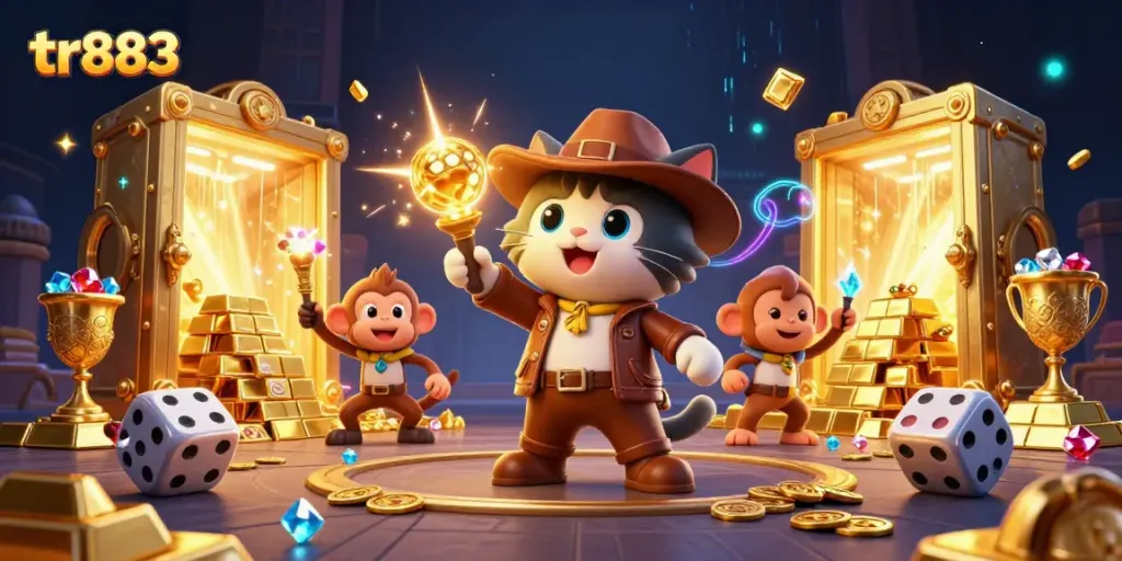 Experience thrilling gaming action at tr883 with 3D cartoon characters uncovering golden casino treasures.