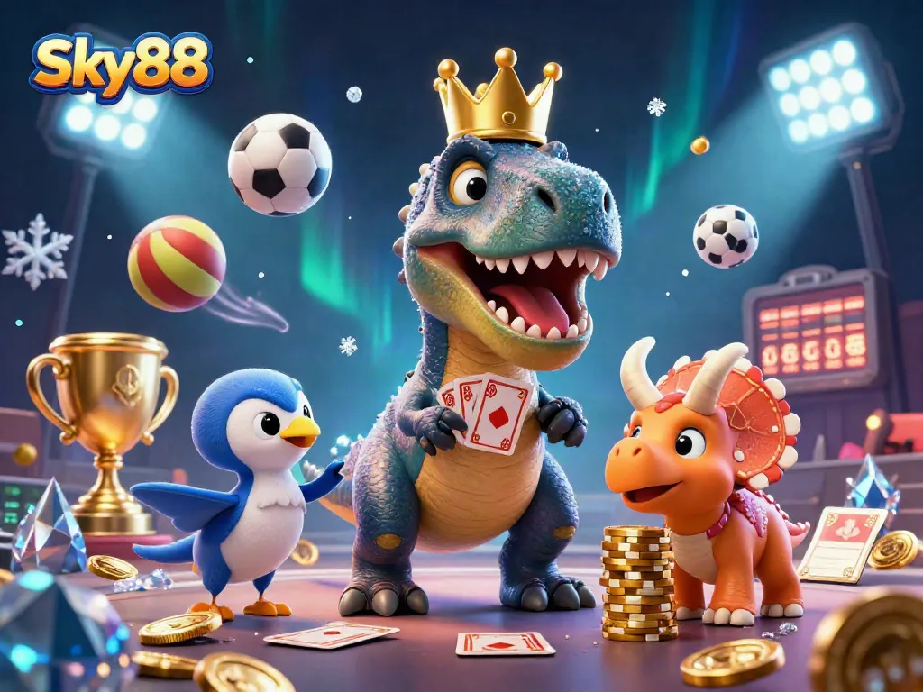 Engage in thrilling gameplay at Sky88 with friendly characters enjoying sports betting excitement.