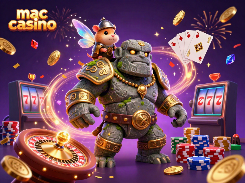 Experience the magic of mac casino with an energetic scene featuring a stone golem, a fairy, and a hamster knight amidst dynamic casino elements.