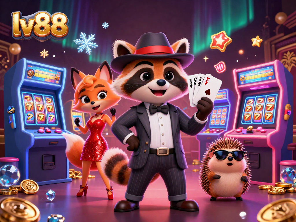 Experience the thrill of winning at lv88 with a raccoon holding a royal flush in a vibrant casino scene.