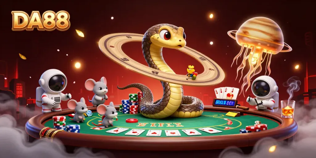 Experience thrilling bets at DA88 with a cosmic casino scene featuring a roulette wheel and vibrant poker elements.