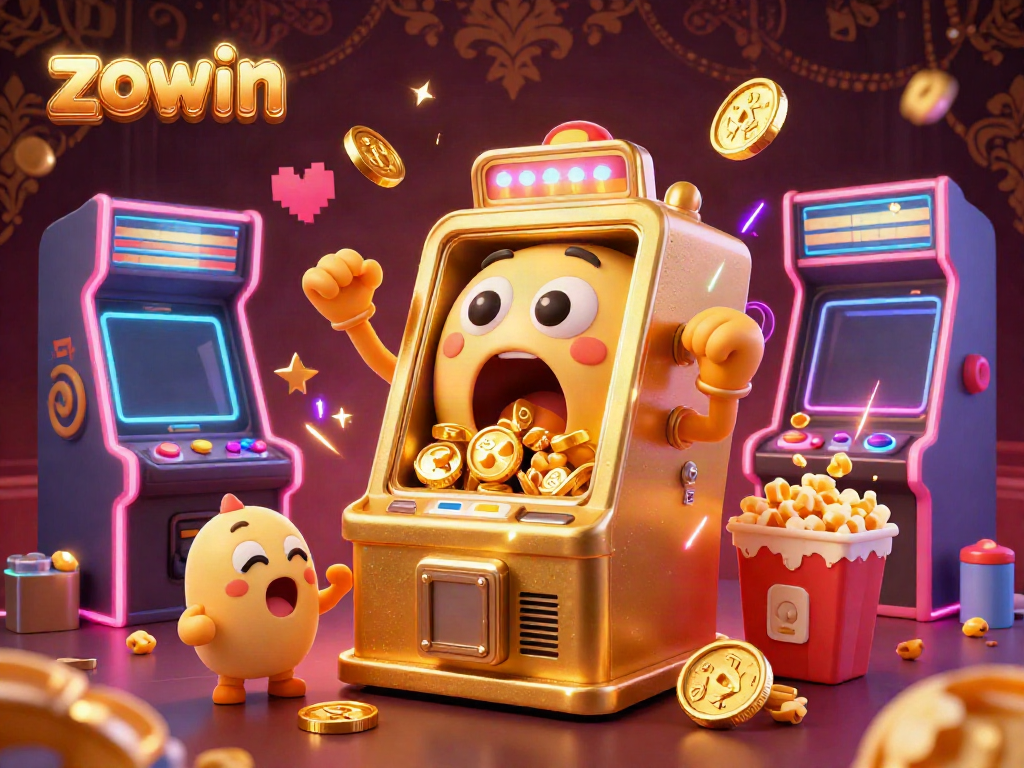 Zowin offers an exciting jackpot scene with a golden slot machine celebrating its win amidst colorful gaming elements.