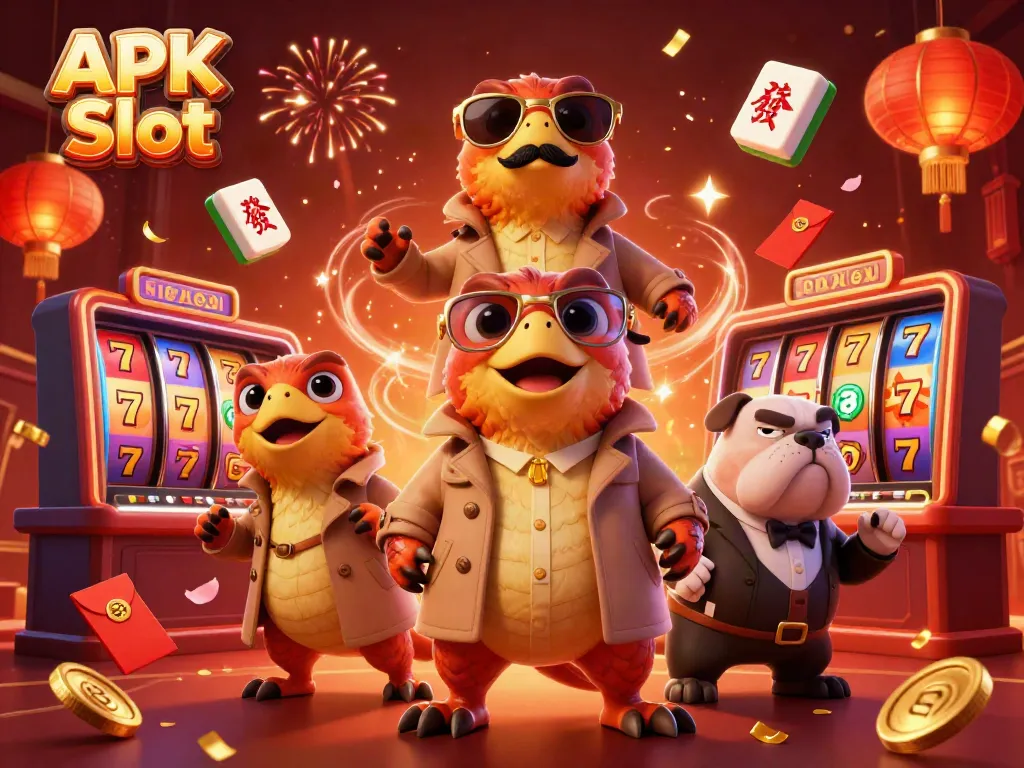 Experience the excitement of APK Slot with raptors sneaking into a casino, surrounded by vibrant game elements.
