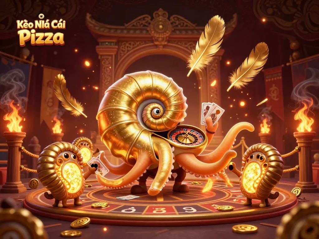 Engage in casino excitement with Kèo Nhà Cái Pizza's vibrant 3D illustration showcasing a unique nautilus roulette.
