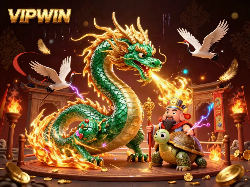 Engage in the vibrant world of VIPWIN with a majestic jade dragon, wise turtle sage, and lucky cranes amidst a dynamic casino scene.