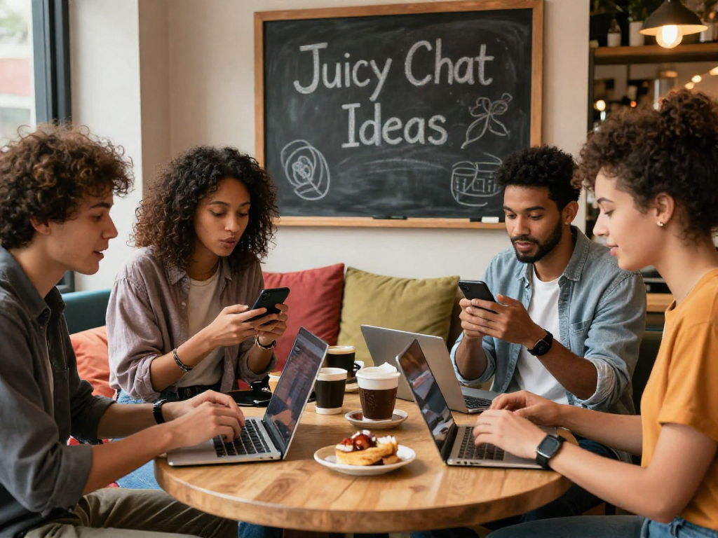 Engaging "juicy chat" scene with friends sharing ideas in a cozy coffee shop.