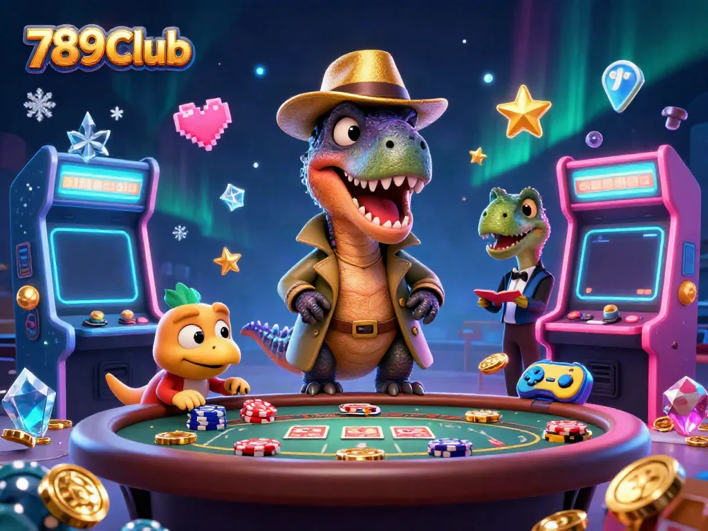 Experience the excitement at 789Club with a cartoon velociraptor card counter sneaking chips at a blackjack table.
