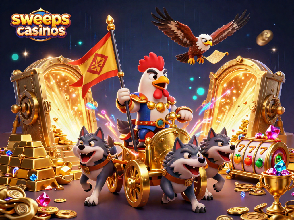Engage in sweeps casinos with this vibrant 3D illustration showcasing an adventurous rooster warlord in a bustling treasure environment.