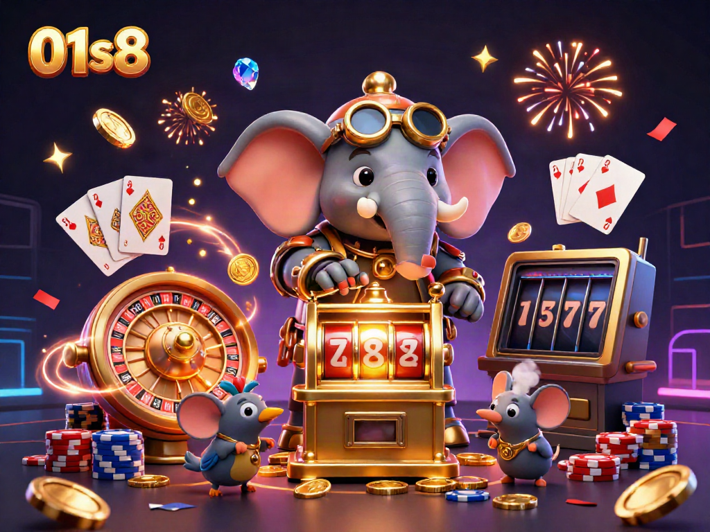 Experience the thrill of 01s8 with a colorful steampunk elephant operating a slot machine amidst confetti and fireworks.
