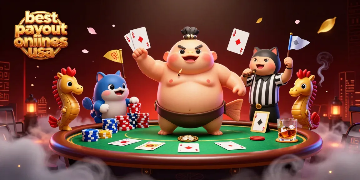 Engaging scene of best payout online casinos usa featuring a fugu in a sumo ring with poker elements and lively spectators.