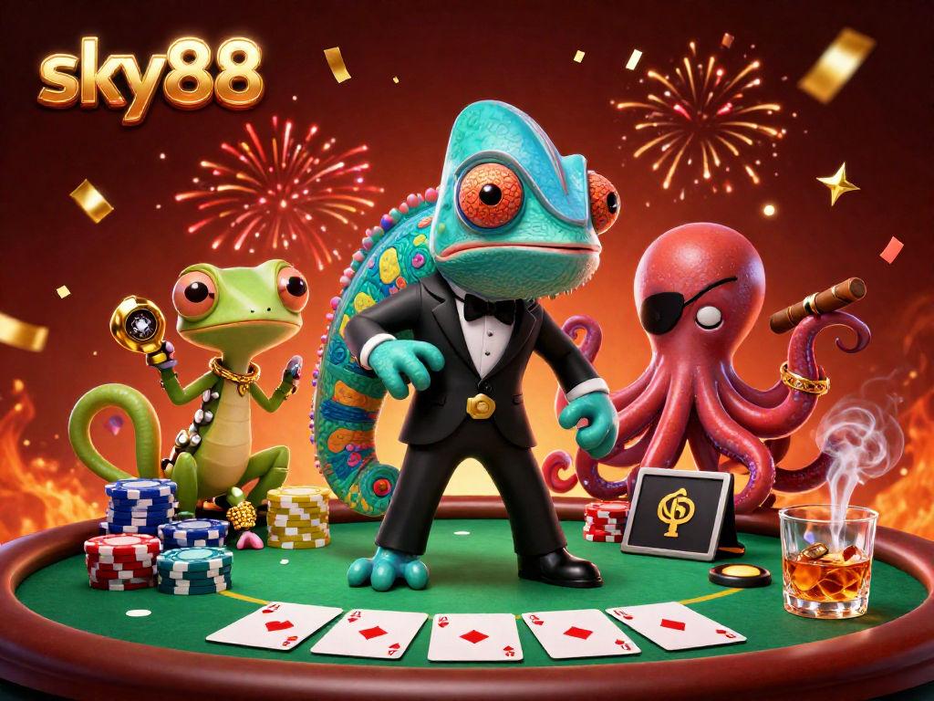 Experience thrilling gameplay at sky88 with a vibrant poker scene featuring interactive characters.
