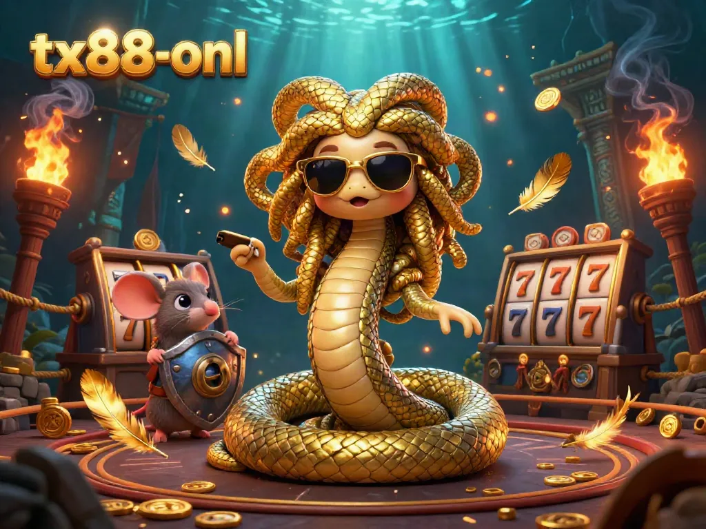 Experience exciting gameplay with tx88-onl, Medusa, and warrior mouse amidst vibrant slot machine elements.