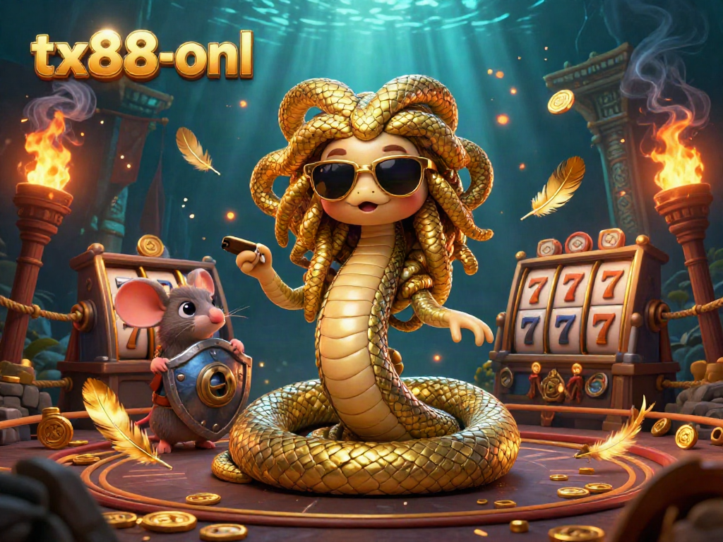 Experience exciting gameplay with tx88-onl, Medusa, and warrior mouse amidst vibrant slot machine elements.