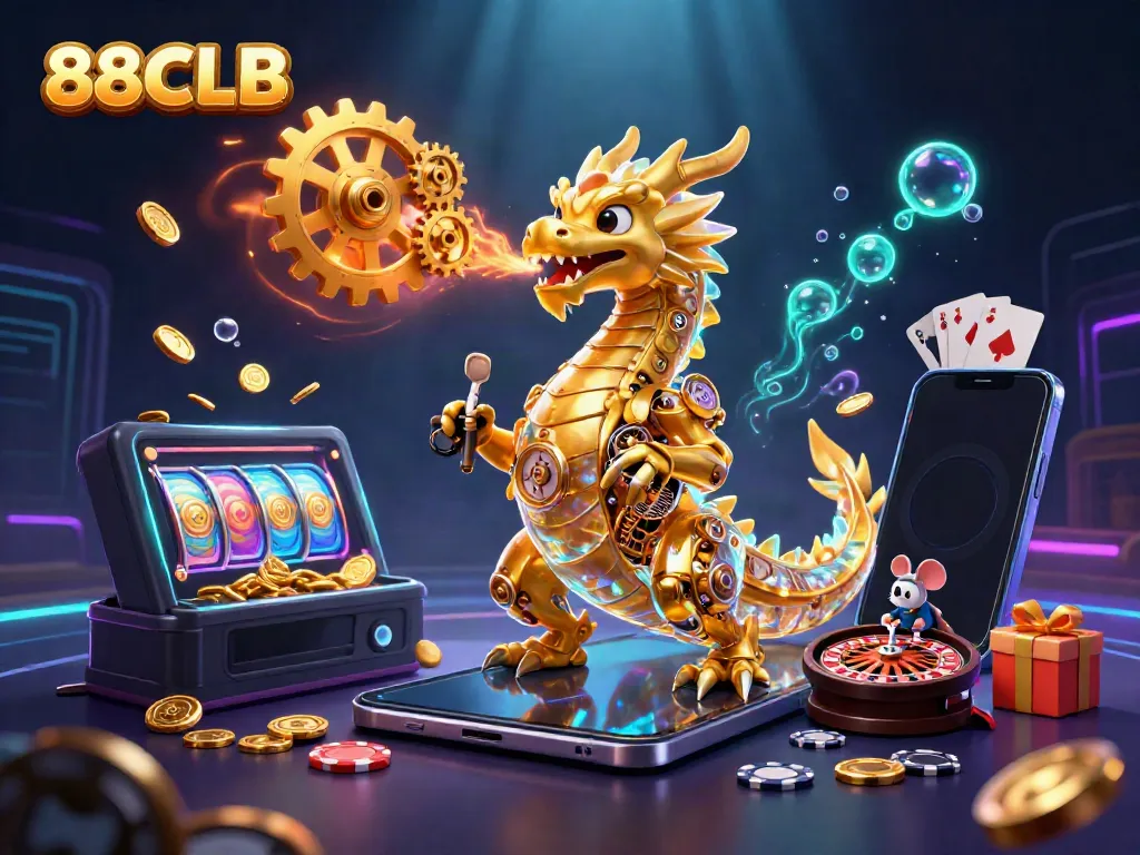 Experience the excitement of 88CLB with a golden dragon and vibrant gaming elements in a dynamic casino scene.