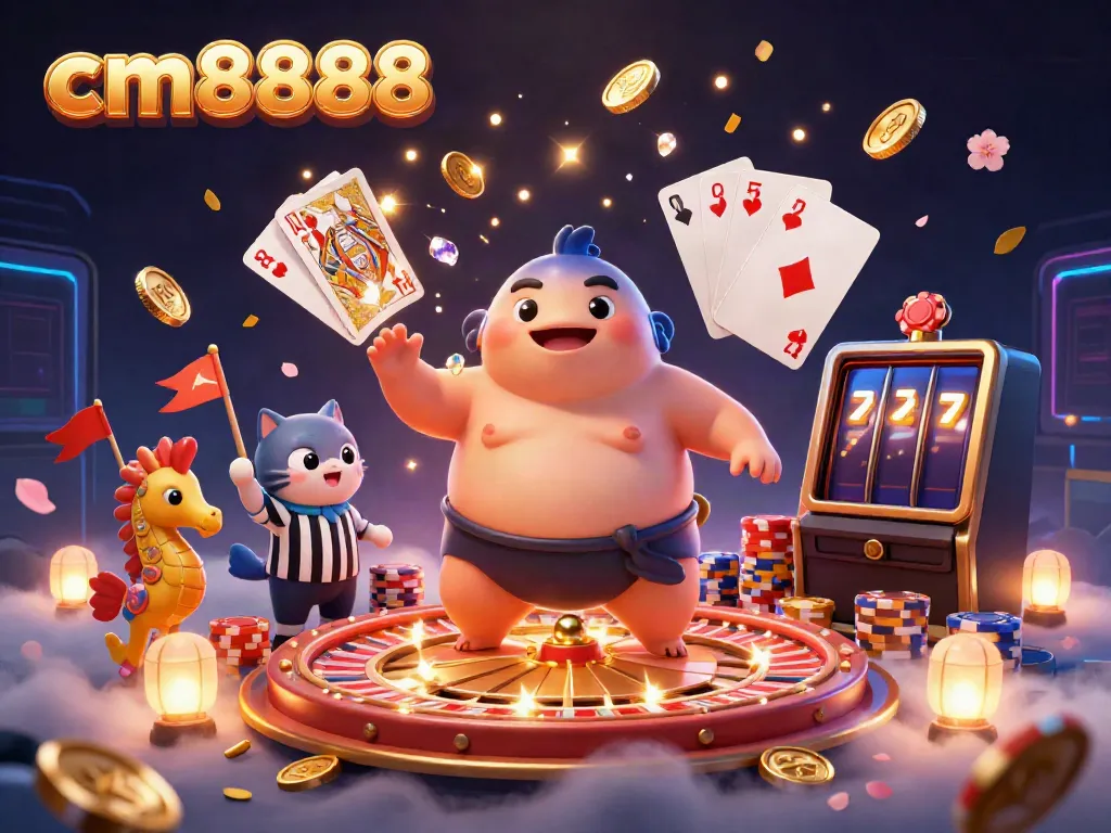 Experience thrilling gameplay at cm8888 with cartoon fugu and catfish referee in a vibrant casino scene.