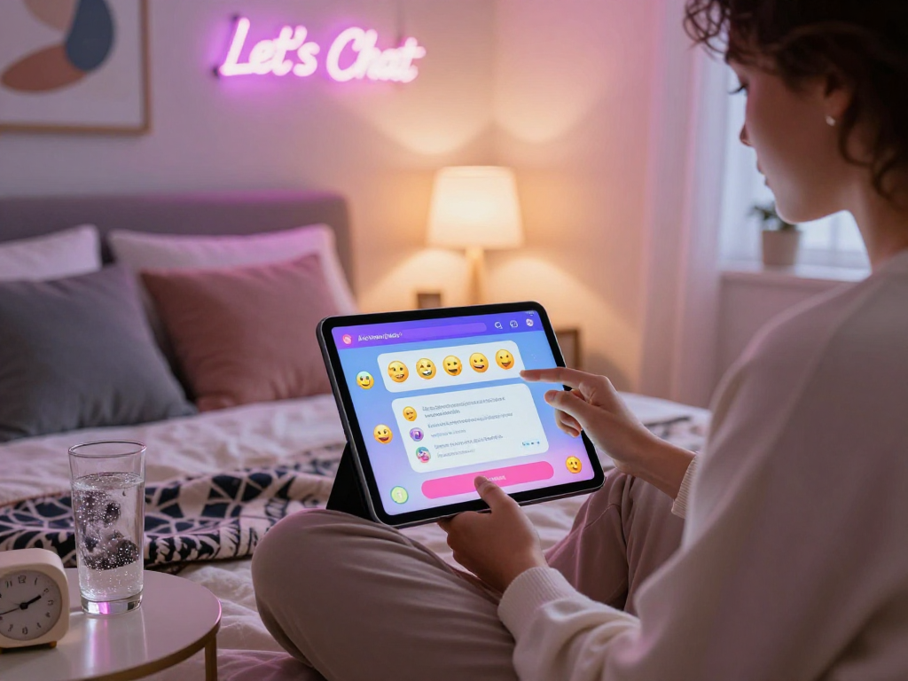 A person engaging in AI sex chat on a tablet in a cozy bedroom, showcasing modern intimacy and digital connection.