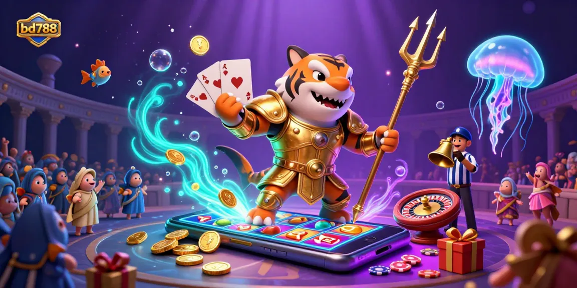 Engage in the thrilling world of bd788 with a vibrant underwater casino illustration featuring action-packed slots and a shark warrior.