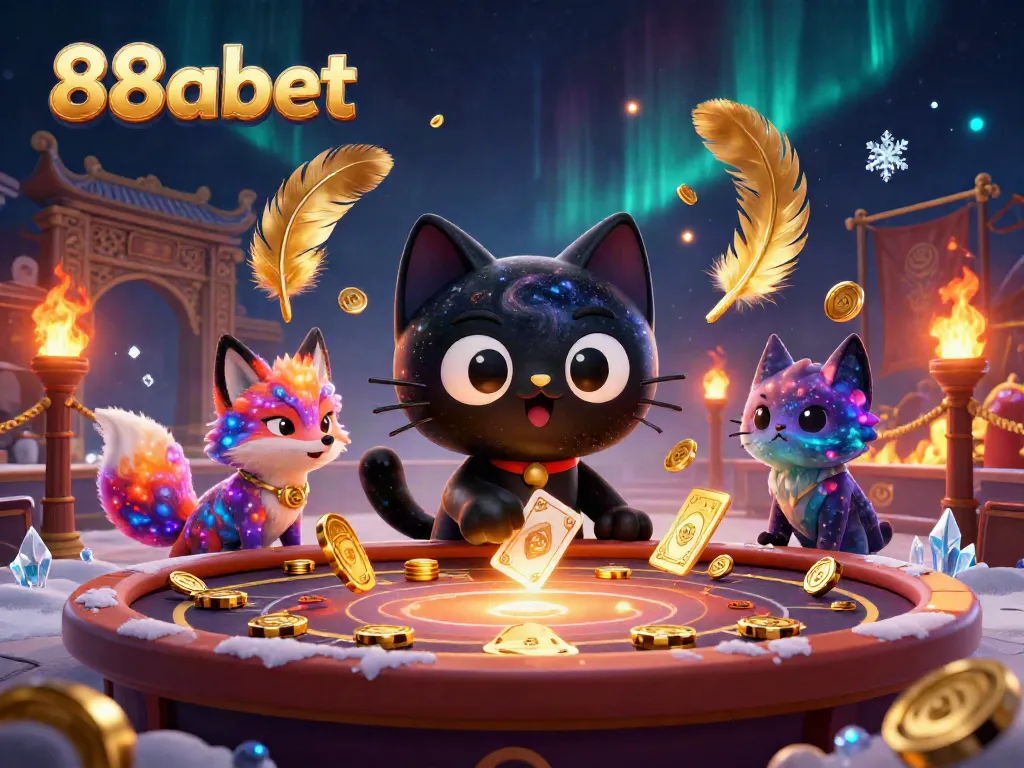 Experience the vibrant atmosphere of 88abet with cosmic characters at a casino table, surrounded by shimmering effects.