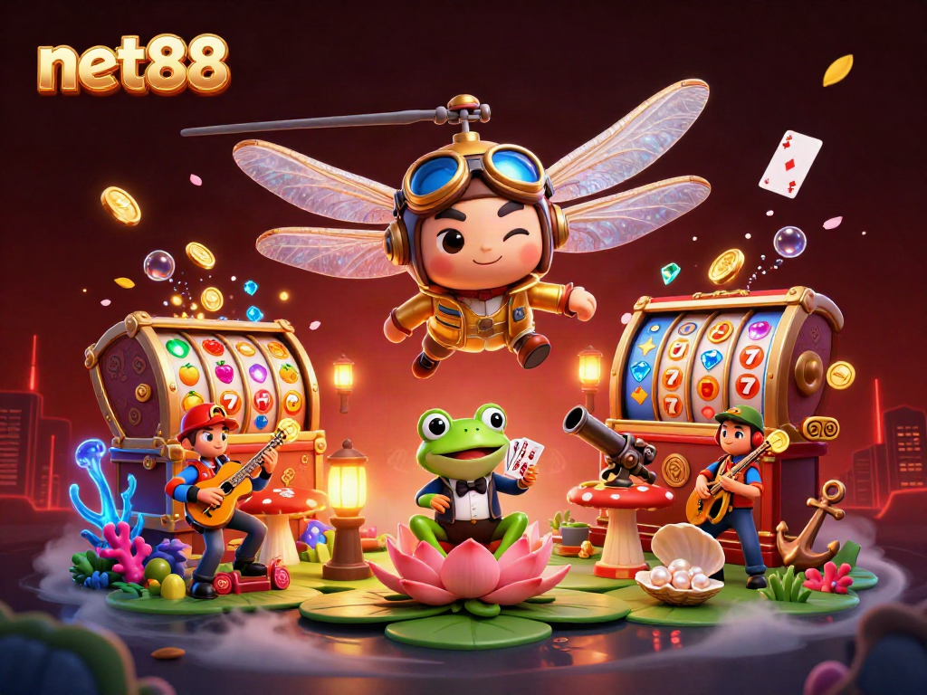 Bettors immerse in net88's vibrant casino atmosphere with lively characters and thrilling slot action.