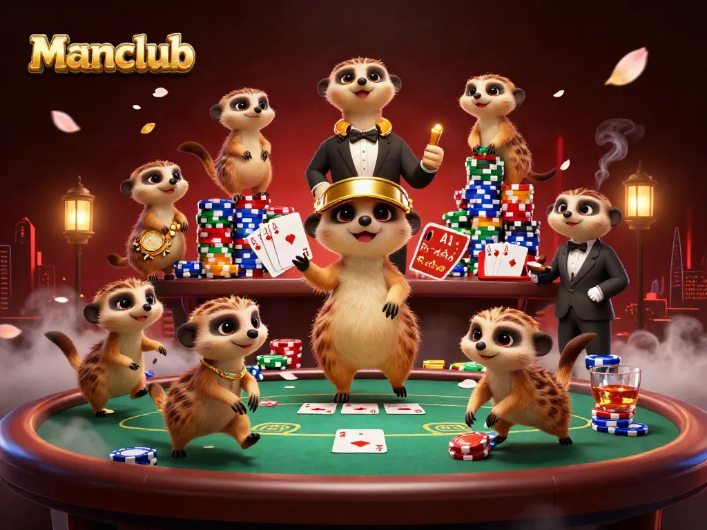 Manclub meerkats manage a vibrant casino scene with poker chips and cards in a dynamic 3D illustration.