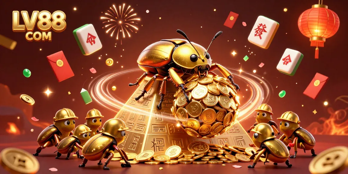 Experience the excitement of LV88 COM with a vibrant 3D casino scene filled with coins and festive elements.