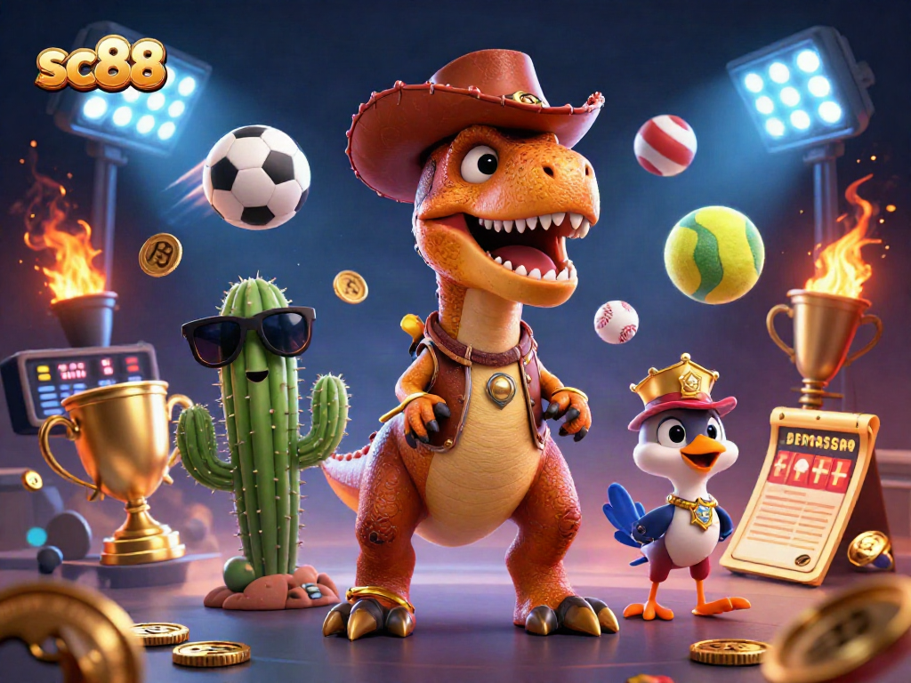 sc88 features a dynamic illustration with a cowboy dinosaur, cactus sidekick, and roadrunner at a casino
