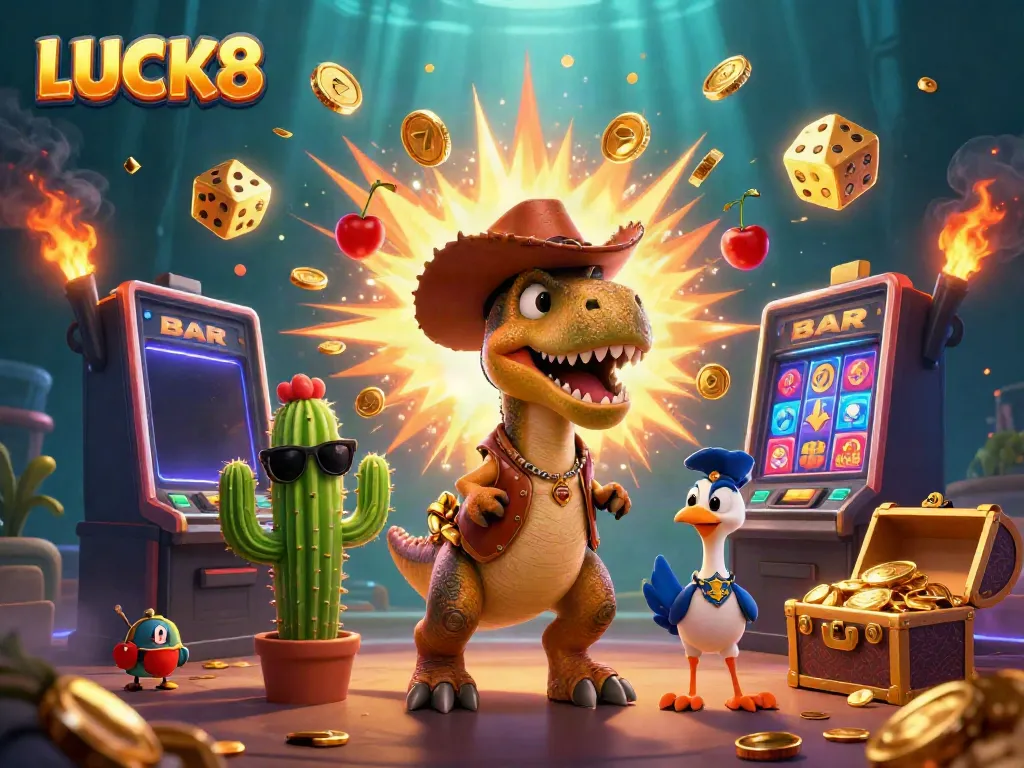 Experience the excitement of LUCK8 with vibrant 3D casino characters and jackpot symbols bursting with colors.