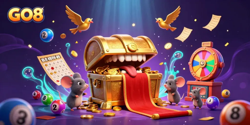 Experience excitement with GO8’s lively casino illustration showcasing rich rewards and engaging gameplay.